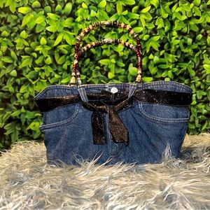 RETRO Original BOOTIE BAG Repurposed Denim Beaded Handles Glittery Belt